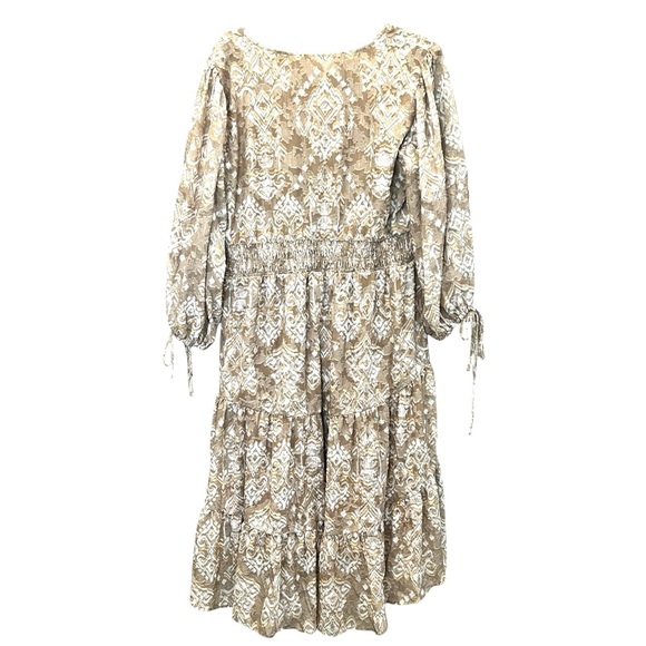 Cupio Boho Smocked Ikat Midi Dress Tiered Flowy V Neck Brown Tan XL NWT - Picture 11 of 16